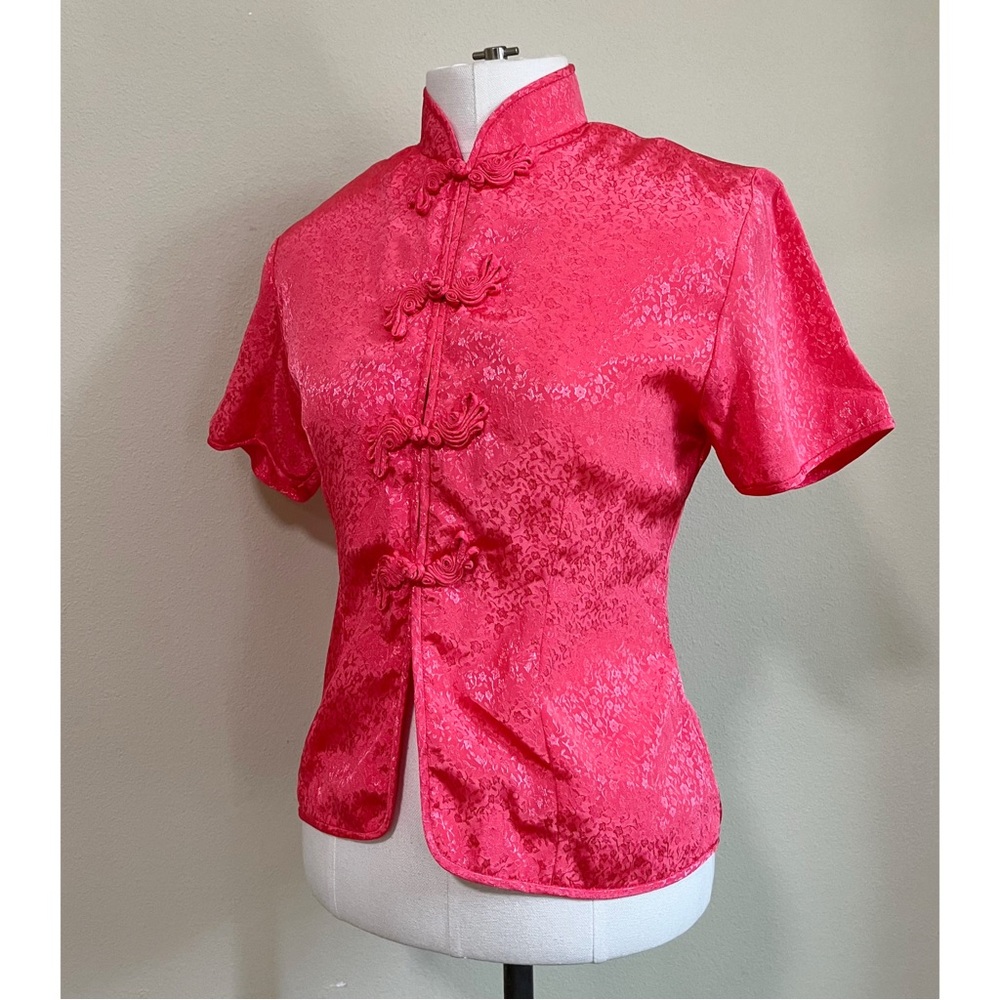 Vintage Coral Oriental Asian Style Mandarin Collar Blouse Top